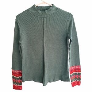 Maurices Teal Waffle Mock Neck Fair Isle Cuff Mixer Tee.